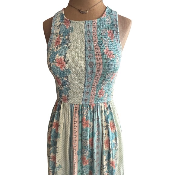 Matilda Jane Dresses & Skirts - Matilda Jane Floral Patchwork Smocked Midi Dress Blue Pink S Tback boho cottage